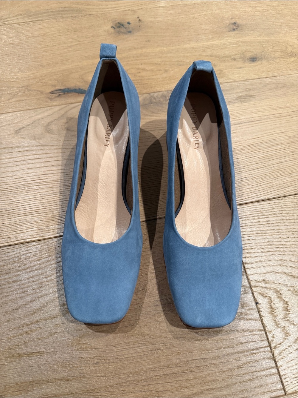 Poppy Barley Dusty Blue Suede Square-Toe Heels